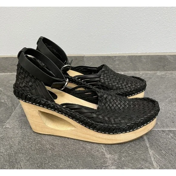 Free People Black Teagan Huarache Wood Wedge Woven Shoes Size 41 US 10 - Picture 1 of 8
